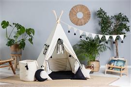 SET XXL Tipi tent Zwart kwastje met accessoires TIPI + mat , 4 kussens, speelgoedmand, slinger, dr
