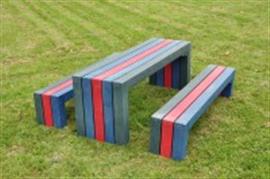 Kunststof Kinderbank en tafel modern grijs blauw en grijs blauw rood