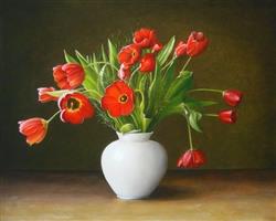 Kunsthandel Gennep -Rode Tulpen In Witte Vaas
