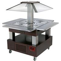 Eiland buffet - salad bar, gekoeld, gemotoriseerd koepel 4x gn 1/1-150 (weng&amp;#233; hout) | Diamo
