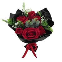 Low budget 43cm WRAPPED ROSE BOUQUET WITH EUCALYPTUS FOLIAGE AND SATIN BOW RED/BLACK zijderozen