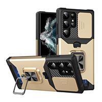 Samsung Galaxy S21 FE - Card Slot Hoesje met Kickstand en Camera Slide - Grip Socket Magnetische Cov