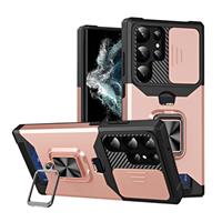 Samsung Galaxy S21 - Card Slot Hoesje met Kickstand en Camera Slide - Grip Socket Magnetische Cover 