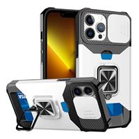iPhone 14 - Card Slot Hoesje met Kickstand en Camera Slide - Grip Socket Magnetische Cover Case Zilv