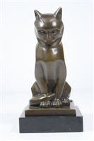 sculptuur, Bronze sculpture Staring Cat in Art Deco Style - 16.5 cm - Brons, Marmer