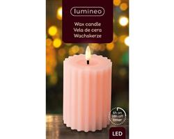 Actie Lumineo LED kaars WAX steady Binnen, RIBBEL, met timer, Zachtroze/warm wit dia 7.5cm H 12.3cm 
