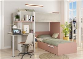Palatino hoekstapelbed met bureau, kast en lade - 90x190 - Witgrenen/oudroze - Trasman