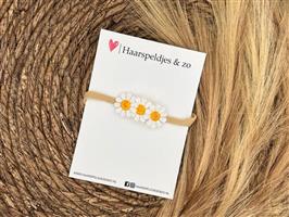 Baby haarbandje - elastiek - met madeliefjes - donkergeel - bloemen - bloemetjes