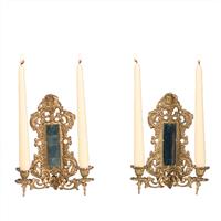 Antieke kandelaren / Stel van 2  wandkandelaren 2-armig verstelbaar met spiegeltjes ca 1900 (No.9008