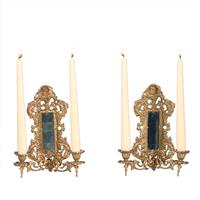 Antieke kandelaren / Stel van 2  wandkandelaren 2-armig verstelbaar met spiegeltjes ca 1900 (No.9008