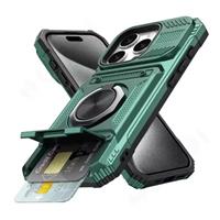 iPhone 15 Pro - Card Slot Hoesje met Kickstand - Grip Socket Magnetische Cover Case - Groen