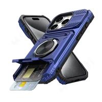 iPhone 14 - Card Slot Hoesje met Kickstand - Grip Socket Magnetische Cover Case - Blauw
