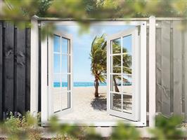 NR 1423: Tuinposter doorkijkje strand palmbomen 180x180cm