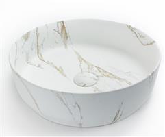 Keramische Waskom Mat Wit – Carrara Gold Marmer – Ø39 cm – Inclusief Klikwaste