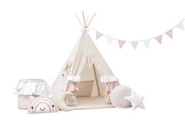 Set XXL Tipi tent Cute Frills met accessoires XXL set: tipi tent, speelmat, 4 kussens, speelmand, 