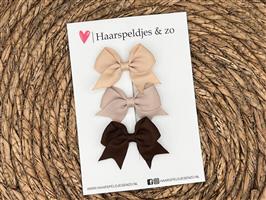 Haarstrik Mila setje 12 - set van drie strikken - lint - alligatorclip - beige/taupe/bruin