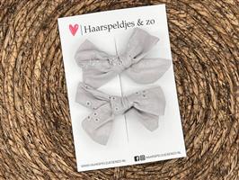 Haarstrik Flo setje 20 - set van twee strikken - stof/kant - alligatorclip - grijs/blauw