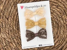 Haarstrik Flo setje 24 - set van drie strikken - kant - alligatorclip - beige/khaki/bruin