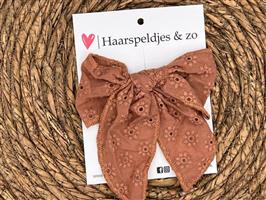 Haarstrik Flo setje 29 - grote strik - stof/kant - alligatorclip - bruin