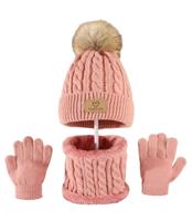 Muts, sjaal en handschoenen - roze - met grote pompon - kind - peuter - kleuter