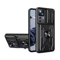 Xiaomi Redmi Note 13 Pro Plus - Card Slot Hoesje met Kickstand en Camera Slide - Pop Grip Cover - Zw