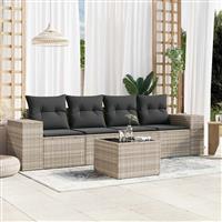 vidaXL 5-delige Loungeset met kussens poly rattan lichtgrijs