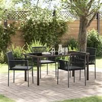 vidaXL 5-delige eetset voor in de tuin met kussens, zwart poly rattan