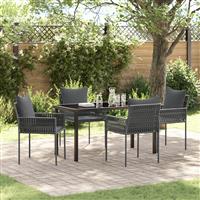 vidaXL 5-delige Tuin Eetset met Kussens Zwart Poly Rattan