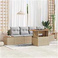 vidaXL 5-delige Tuinbankenset met kussens poly rattan beige