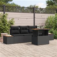 vidaXL 5-delige Tuinbankenset met kussens poly rattan zwart