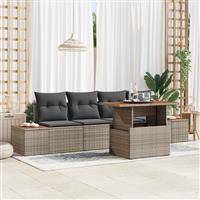 vidaXL 5-delige Tuinbankenset met kussens poly rattan grijs