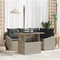 vidaXL 5-delige Tuinbankenset met kussens poly rattan lichtgrijs