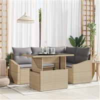 vidaXL 5-delige Tuinbankenset met kussens poly rattan beige