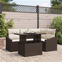 vidaXL 5-delige Tuinbankenset met kussens poly rattan bruin