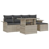 vidaXL 6-delige Tuinbankenset met kussens poly rattan lichtgrijs