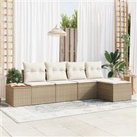 vidaXL 5-delige tuinset met kussens in beige poly rattan en acaciahout