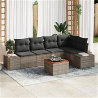 vidaXL 6-delige Tuinbankenset met kussens poly rattan en acacia grijs