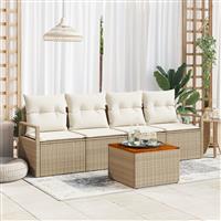 vidaXL 5-delige Tuinbankenset met kussens poly rattan acacia beige