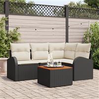 vidaXL 5-delige tuinset met kussens - Zwart - Poly Rattan - Acacia
