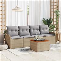 vidaXL 5-delige tuinset met kussens in beige poly rattan en acaciahout