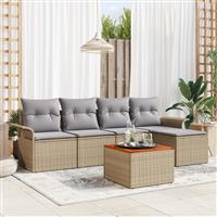 vidaXL 6-delige tuinset met kussens in beige van poly rattan en acacia