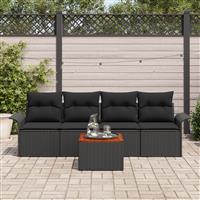 vidaXL 5-delige tuinbankset met kussens in zwart poly riet en acacia