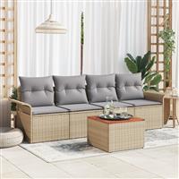 vidaXL 5-delige tuinset met kussens in Beige Poly Rattan en Acacia
