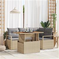 vidaXL 5-delige Tuinbankenset met kussens poly rattan acacia beige