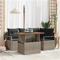 vidaXL 5-delige Tuinbankenset met kussens poly rattan acacia grijs