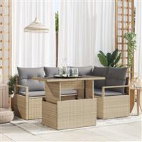 vidaXL 5-delige Tuinoverkapping Set met Kussens Beige Poly Rattan
