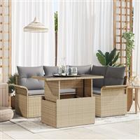 vidaXL 5-delige Tuinbank Set met Kussens in Beige van Poly Riet