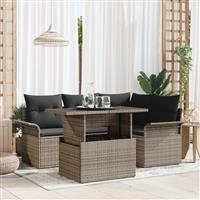 vidaXL 5-delige Tuinbankenset met kussens poly rattan grijs