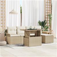 vidaXL 6-delige tuinset met kussens in beige poly rattan