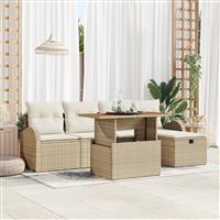 vidaXL 6-delige tuinbankset met kussens in beige poly rattan